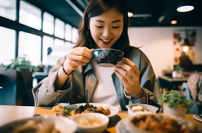 一名快乐的亚洲年轻女子用智能手机拍下新鲜美味的午餐并分享到社交媒体在一家餐厅用餐,高清,摄影图,摄影图片,图片大全,摄影图免费下载
